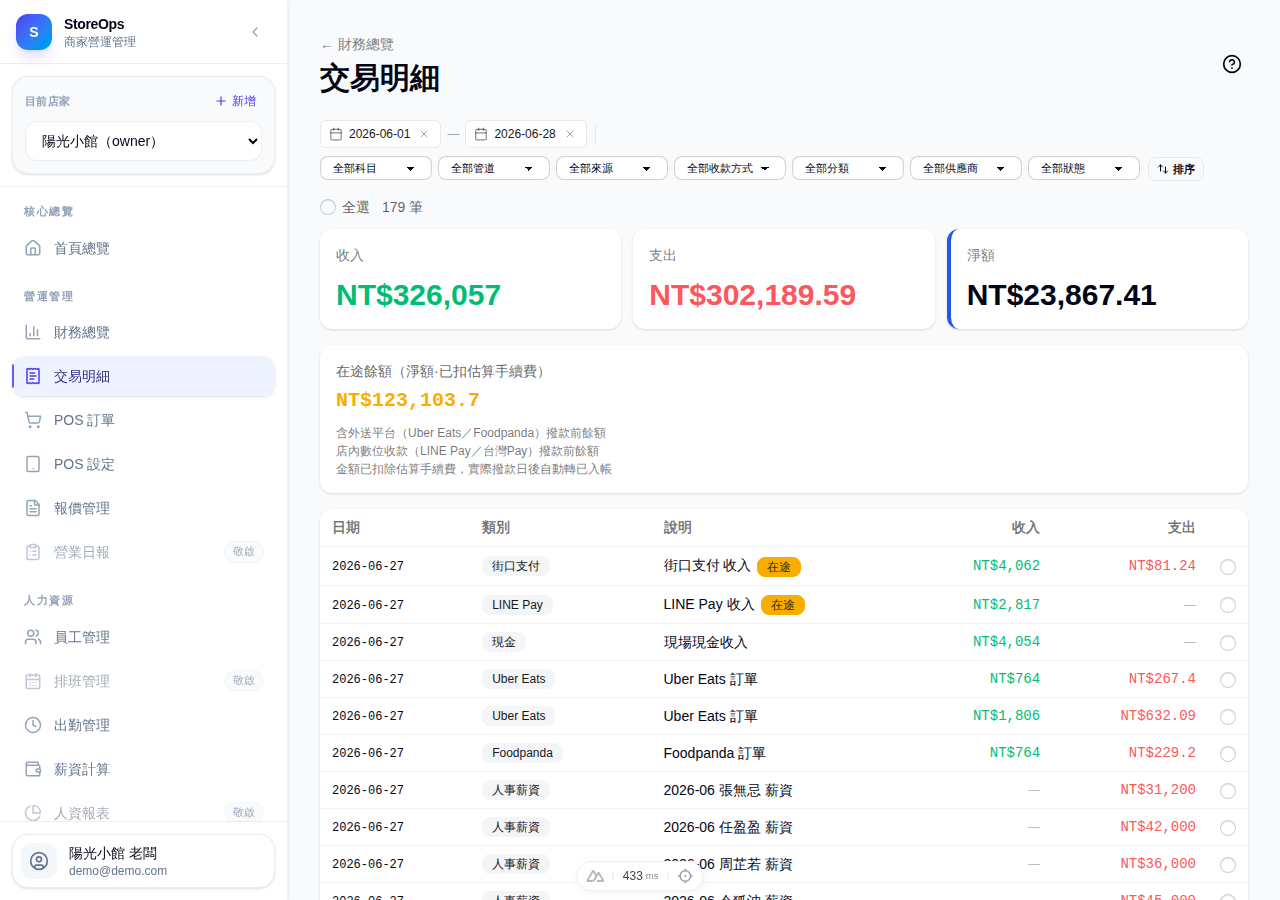 交易明細：篩選與收支彙總