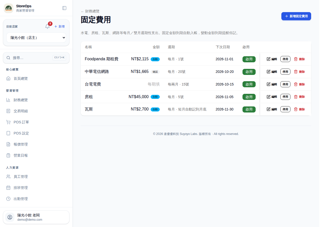 固定費用清單